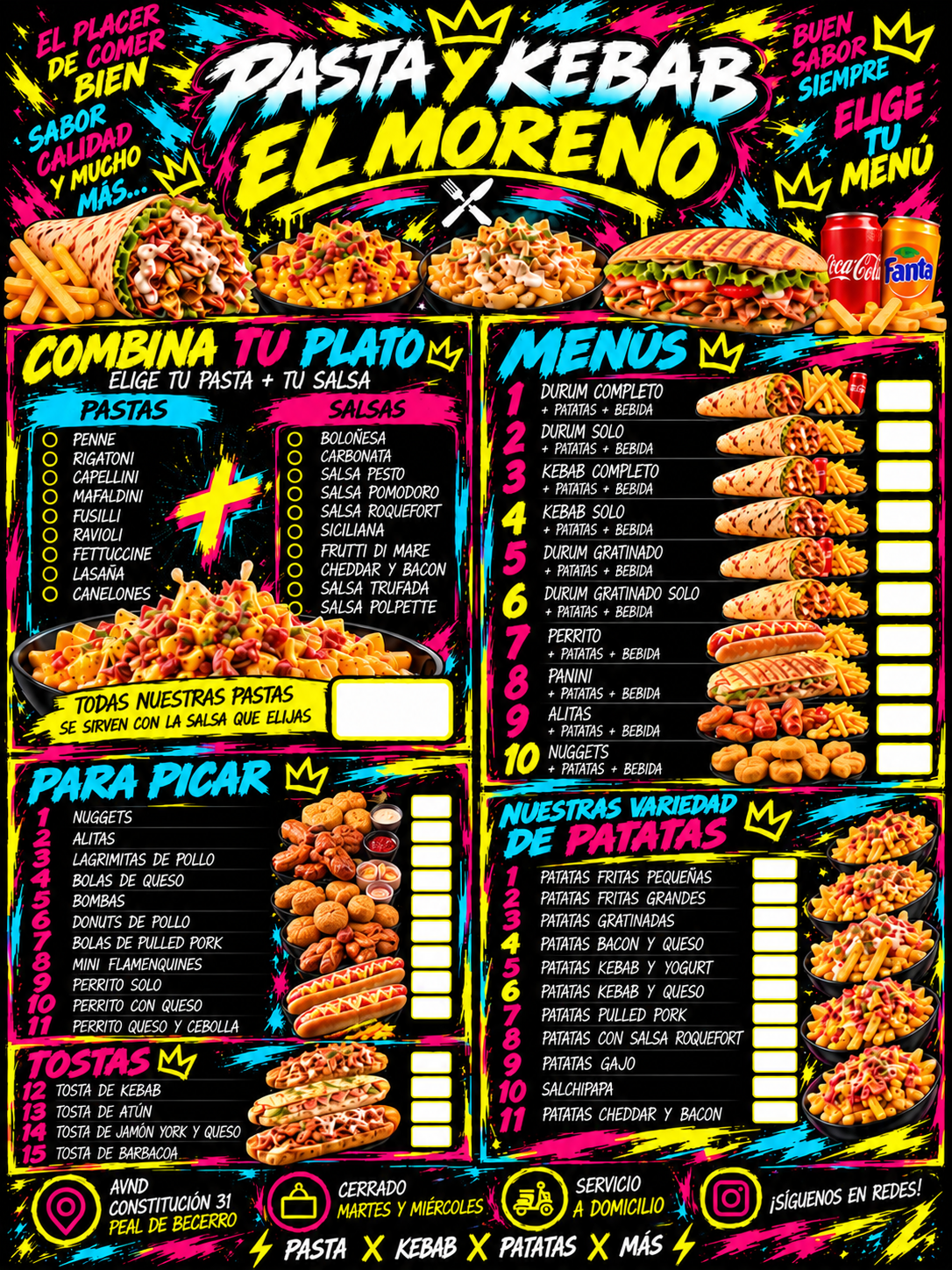Carta ilustrada de El Moreno, pasta y kebab
